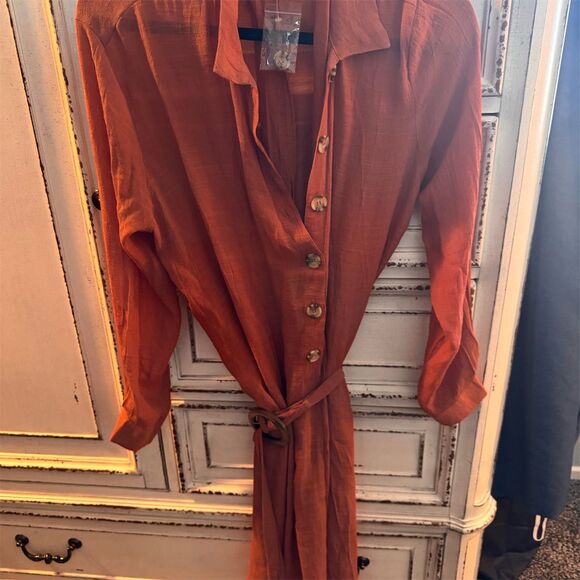 Favlux Women's Orange Button-Down Belted Midi Dress Size L Casual - Picture 1 of 7